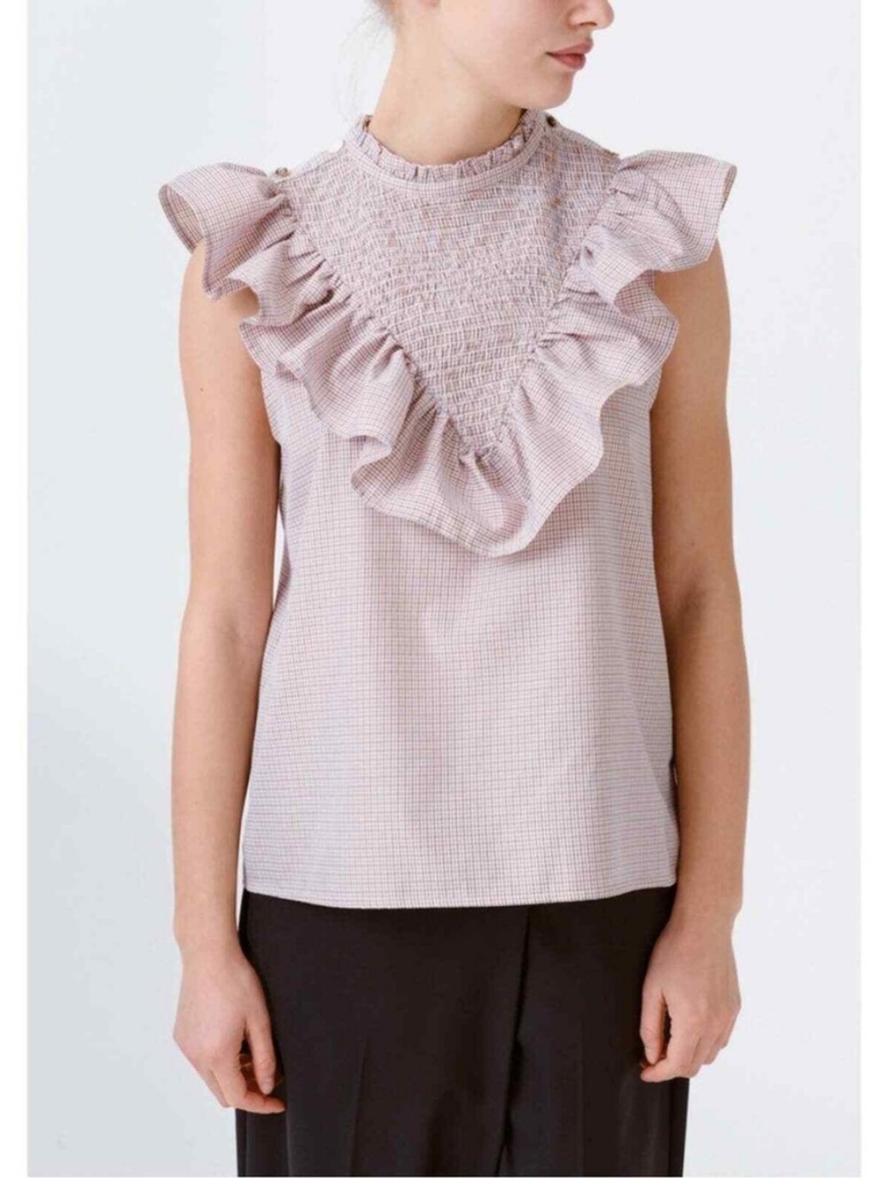 MUNTHE Rossi Plaid Smocked ruffle Sleeveless Mock Neck Blouse | SZ EU40 / US 10